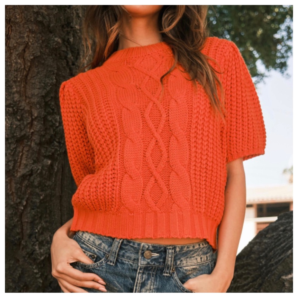 36 Boho Puff Short Sleeve Cable Sweater Top - Picture 3 of 4